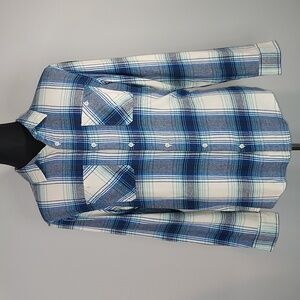 Urban Pipeline Blue White Plaid Button-Up 100% Cotton Flannel Size Medium